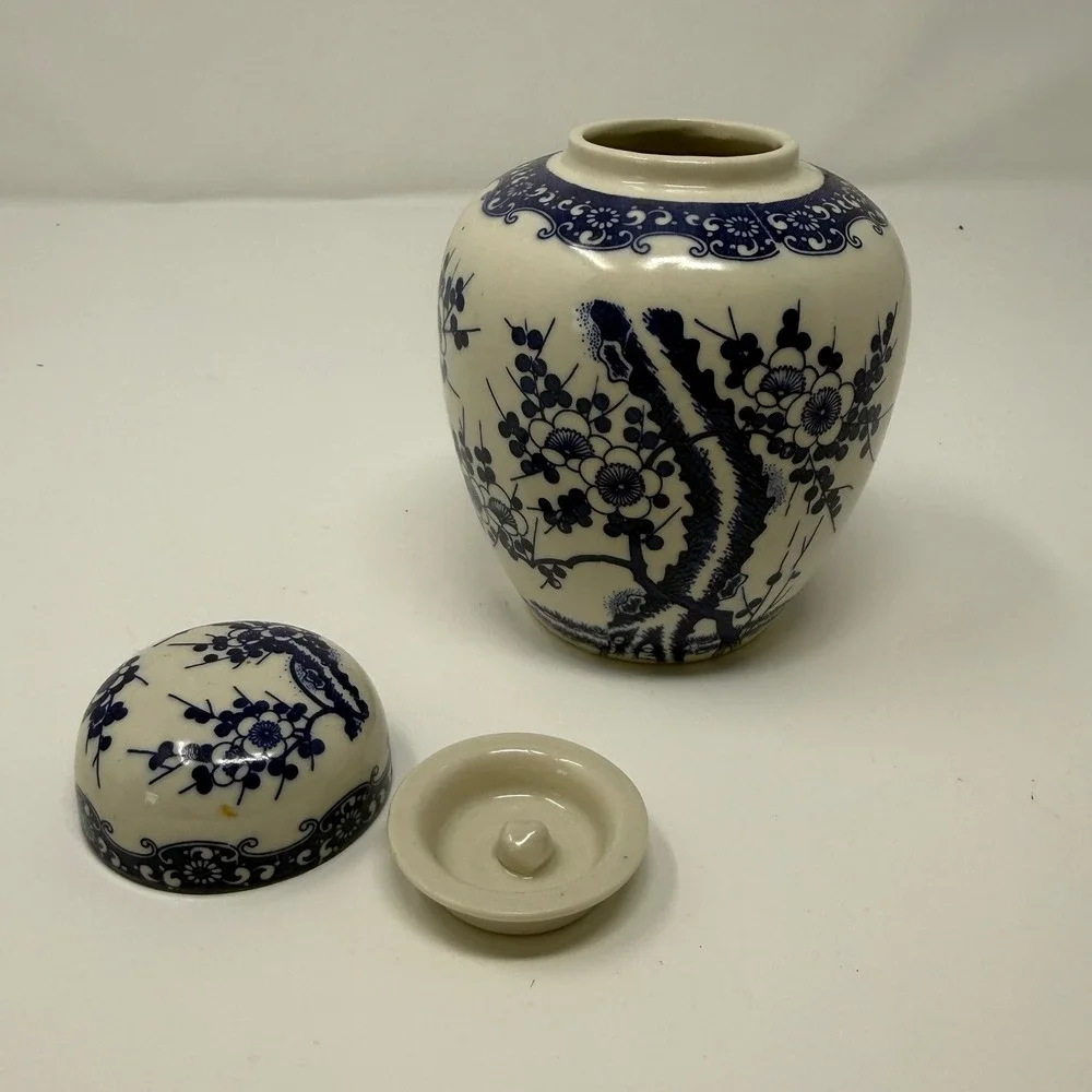 Vintage Japan Blue and White Ceramic Ginger Jar Floral Cherry Blossom 5 inches